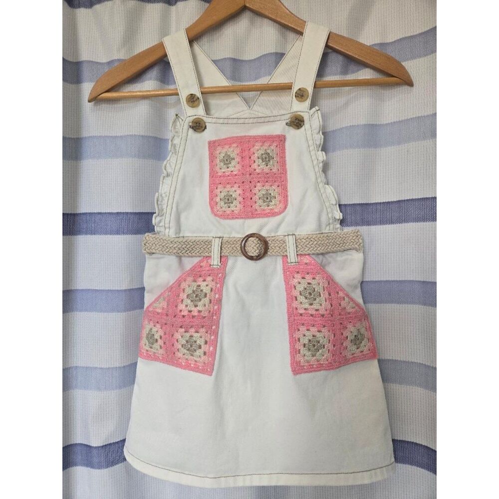 Girls Denim Overall Dress Pink Granny Square - Belted. Size 6 (18m - 2.5 year)